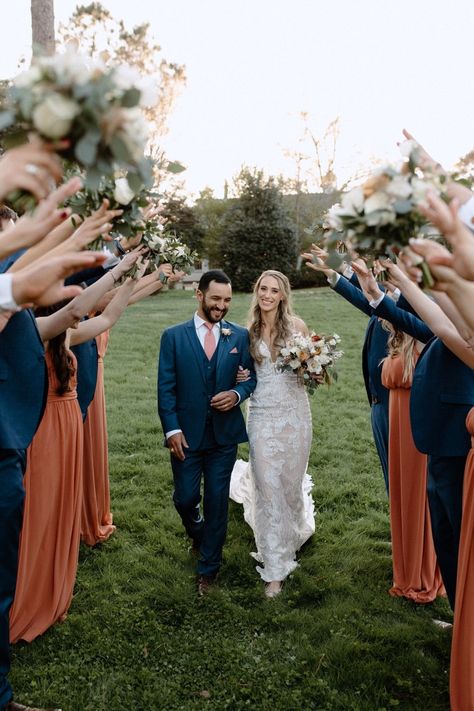 Burnt Orange Wedding Colors, Navy Blue Groomsmen, Navy Groomsmen Suits, Outdoor Spring Wedding, Terracotta Blush, Blue Groomsmen, Burnt Orange Wedding, Orange Wedding Colors, Rust Bridesmaid Dress