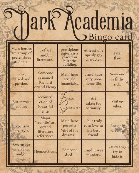 Dark Academia Bingo, Dark Academia Aesthetic Activities, Dark Academia Watch List, 100 Dark Academia Books, Dark Academia Text Post, Writing Book, Donna Tartt, Bingo Card, Dark Academia Aesthetic