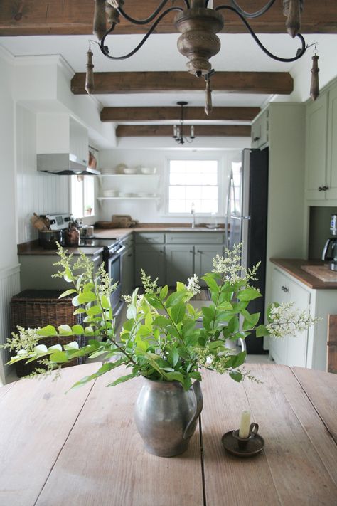 small and narrow, so we added beams on the ceiling to make it appear wider, and to add character!English Cottage Meets American Colonial in a Gorgeous Ohio Home — House Call Colonial Cottage, Colonial Farmhouse, Style Anglais, English Country Decor, Farmhouse Inspiration, English Cottage Style, Cottage Kitchens, Cottage Interiors, Farmhouse Style Kitchen