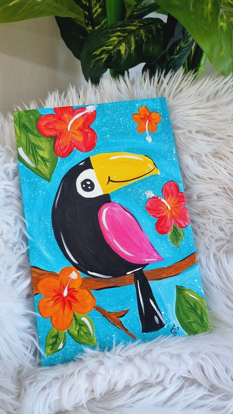 Easy Bird Drawing For Kids, Toucan Craft, Kids Painting Class, Bird Drawing For Kids, Toucan Art, Bird Painting Acrylic, Poster Color Painting, Buddha Art Drawing, Cute Canvas Paintings