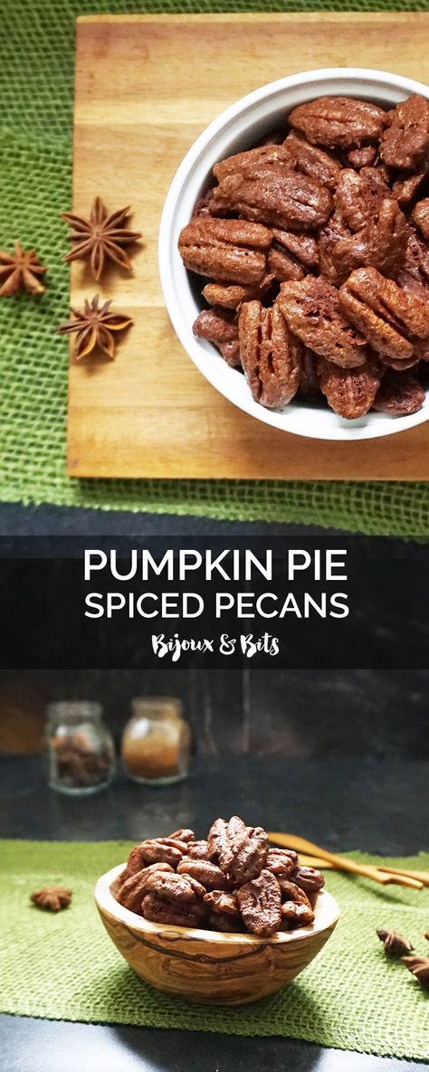 Pumpkin pie-spiced pecans recipe from @bijouxandbits Train Pumpkin, Healthy Halloween Treats, Pumpkin Pecan Pie, Spiced Drinks, Cinnamon Nuts, Spiced Pecans, Healthy Halloween, Spiced Pumpkin, Pecan Recipes