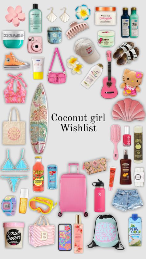 #coconutgirl #coconutgirlsummer #coconutgirlaesthetic #wishlist #wishlistideas #wishlistinspo Coconut Girl Wishlist, Summer Bag Essentials, Summer Necessities, Summer Must Haves, Summer Wishlist, Coconut Dream, Preppy Gifts, Preppy Inspiration, Summer Items