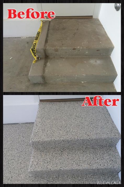 How To Update Concrete Steps, Refinish Concrete Steps, Fixing Concrete Steps, Repair Cement Steps, Painted Concrete Outdoor, Repairing Concrete Steps, White Grey Paint, Garage Floor Coatings, Exterior House Paint Color Combinations