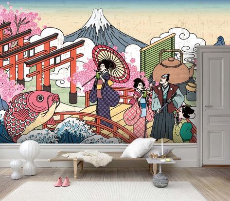 3D Japanese Hand-painted Ukiyo-e Wallpaper Removable Self | Etsy Japanese Wall Decor, Panoramic Wallpaper, Playroom Wallpaper, Tree Wall Murals, Japanese Wall, Wall Mural Wallpaper, Old Wall, Japanese Cartoon, Ukiyo E