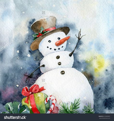 Bright Christmas Card. Cheerful Snowman. Watercolor Illustrations ... Akvarel Illustration, Christmas Card Art, Watercolor Christmas Cards, Art Carte, Christmas Wonderland, Christmas Paintings, Christmas Watercolor, Watercolor Cards, Xmas Cards