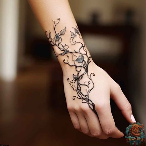 Thestral Tattoo, Arm Cuff Tattoo, Around Arm Tattoo, Cuff Tattoo, Wrap Tattoo, Hand And Finger Tattoos, Muster Tattoos, Vine Tattoos, Hand Tattoos For Women