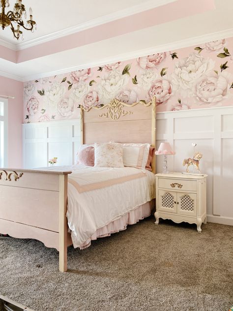 Board And Batten Wall Girls Room, Batten Wall Bedroom, Girls Bedroom Accent Wall, Board Batten Accent Wall, Board And Batten Accent Wall, Batten Accent Wall, Floral Wallpaper Bedroom, Nursery Accent Wall, Diy Girls Bedroom