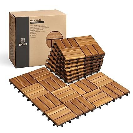 Amazon.com: THYOI 10 Pcs Interlocking Deck Tiles 12" x 12", Patio Flooring Outdoor Waterproof, Acacia Wood Tiles All Weather, Floor Tiles for Balcony, Backyard, Indoor and Outdoor use (Round Joint, Golden Teak) : Tools & Home Improvement Tile Patio Floor, Unique Roof, Deck Tiles Patio, Wood Deck Tiles, Interlocking Deck Tiles, Interlocking Flooring, Balcony Flooring, Wood Tiles, Deck Tiles