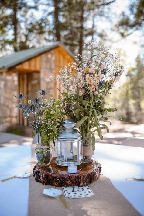 Outdoorsy Wedding Centerpieces, Camping Themed Wedding Centerpieces, Camping Lantern Centerpieces, Outdoorsy Centerpieces, Hiking Theme Baby Shower Ideas, Camp Centerpieces, Camping Centerpiece, Wild Centerpieces, Fredericksburg Wedding