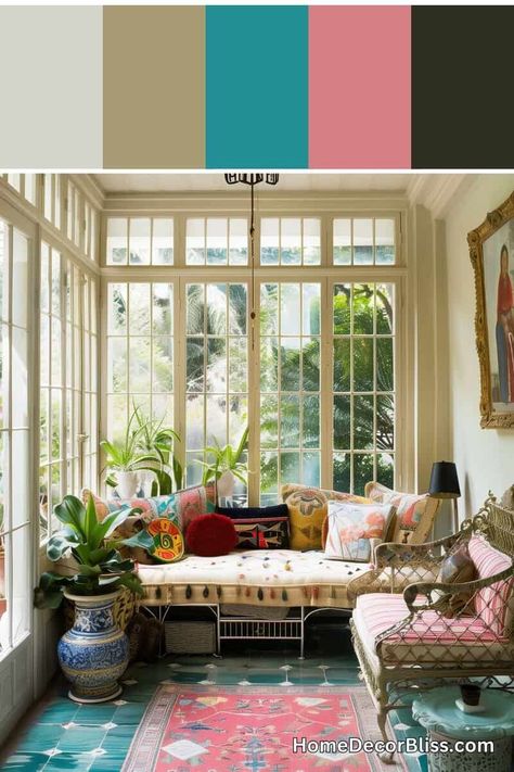 Eclectic Sunroom, Colorful Sunroom, White Sunroom, Room Concept, Wallpaper Walls Decor, Room White, Decor Elements, Tile Wallpaper, Ornate Furniture