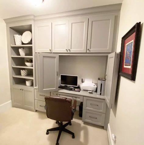 Built In Shelves With Hidden Desk, Small Built In Office Desk And Cabinets, Built In Desk With Doors, Home Office Built Ins Storage Cabinets, Home Office Built Ins With Desk And Tv, Small Desk Built Into Wall, Desk With Cupboard Above, Built In Desk With Upper Cabinets, Built In Sewing Center