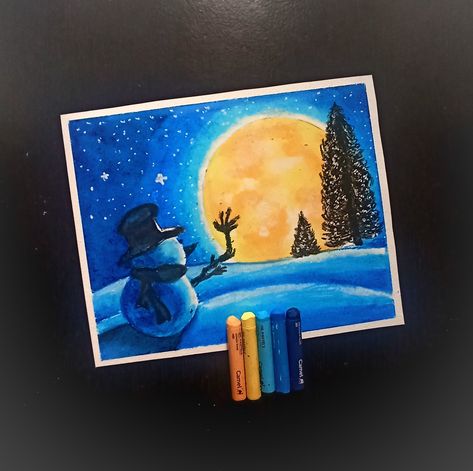 Easy drawing with Oil Pastels Oil Pastel Snowman, Christmas Art Oil Pastels, Christmas Oil Pastel Art, Oil Pastel Christmas Art, Christmas Oil Pastel, Snowman Drawing, Drawing With Oil Pastels, 1000 Hours Outside, Wax Pastel