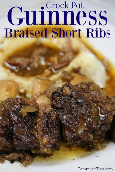 Beer Braised Short Ribs Slow Cooker, Guinness Braised Beef Short Ribs, Guinness Braised Short Ribs, Braised Short Ribs Crockpot, Beer Short Ribs, Short Rib Recipes Crockpot, Braised Beef Short Ribs Recipe, Best Ribs Recipe, Beer Braised Short Ribs