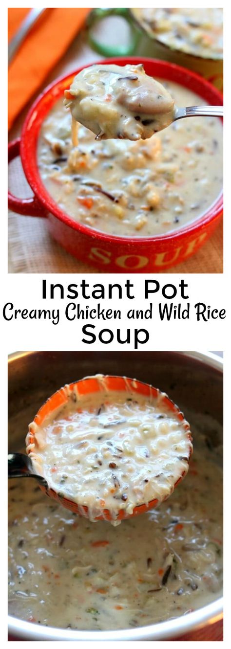 Instant Pot Creamy Wild Rice and Chicken Soup–pure comfort food made quickly in your electric pressure cooker. It’s a thick and hearty soup made with wild rice, brown rice, seasonings, vegetables and tender bites of chicken. You can also substitute leftover turkey in this soup. No rice-a-roni packages or pre-packaged foods are used in this version of the soup. #instantpot Creamy Chicken And Wild Rice, Mushrooms Wild, Chicken And Wild Rice Soup, Chicken Wild Rice, Creamy Soup Recipes, Chicken Wild Rice Soup, Electric Pressure Cooker Recipes, Soup Chicken, Chicken And Wild Rice