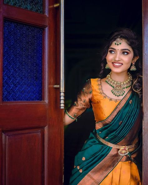 Half Saree Blouse Models Latest, Lehanga Photo Poses Traditional, Traditional Half Saree Photoshoot Poses, Blouse Designs For Half Sarees, Poses In Half Saree For Photoshoot, Half Saree Function Photoshoot Poses, Half Saree Pics Poses, Half Saree Photo Poses, Half Saree Function Photo Poses