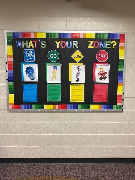 Zones Of Regulation Classroom Display, Thrive Room School, Counselor Bulletin Boards Elementary, Special Ed Bulletin Board Ideas, School Counseling Bulletin Boards, Counseling Bulletin Boards, Elementary Bulletin Boards, College Bulletin Boards, Ra Themes