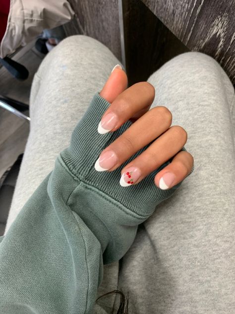 French Tips Colourful, Almond Nails Pattern, Cute Nails Round, Pink Nails Cherry, Cherrie Nails, Cute French Tip Nails Acrylic Almond, Nail Inspo Cherry, Acrylic Nails Cherry, Cherry Nails French Tip