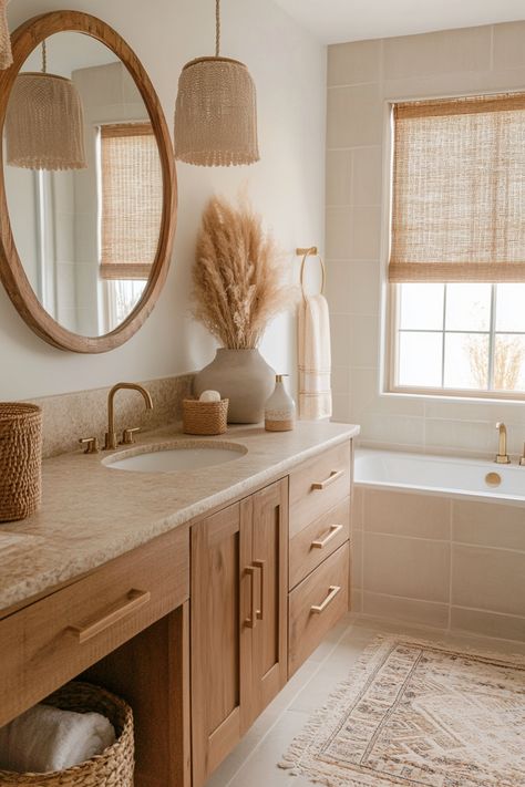 boho bathroom with earthy tones Boho Master Bath Ideas, Warm Toned Bathroom, Boho Modern Bathroom, Small Boho Bathroom Ideas, White And Wood Bathroom, Boho Farmhouse Bathroom, Boho Chic Bathroom Decor, Colorful Eclectic Decor, Boho Chic Bathroom