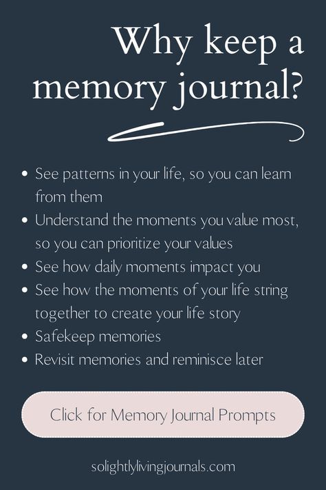 navy blue background with white text; squiggly white line under title; bottom image pink rectangle with rounded corners with text inside that says "Click for memory journal prompts" How To Start A Memory Journal, Childhood Memories Journal Ideas, Bujo Memories Page, Memories Journal Ideas, Memory Journal Ideas, Journal Ideas Writing Prompts, Journal Ideas Writing, Writing A Memoir, Memory Keeping Journal