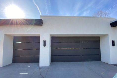 Types Of Garage Doors, Matte Black Garage Door, Aluminum Garage Doors, Garage Doors Modern, Modern Garage Doors On Traditional House, Modern Garage Doors With Windows, Black Modern Garage Door With Windows, Modern Garage Doors Ideas, Modern Garage Door