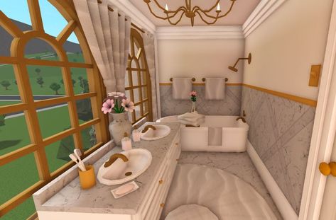 Bloxburg Bedroom Ideas Victorian, Bloxburg Washroom Ideas, Pink Bloxburg Bathroom, Coquette House Exterior Bloxburg, Blush Bathroom Bloxburg, Pastel Bloxburg Bathroom, Pink Bathroom Bloxburg, Bloxburg Couqutte House, Bloxburg Toilet Ideas