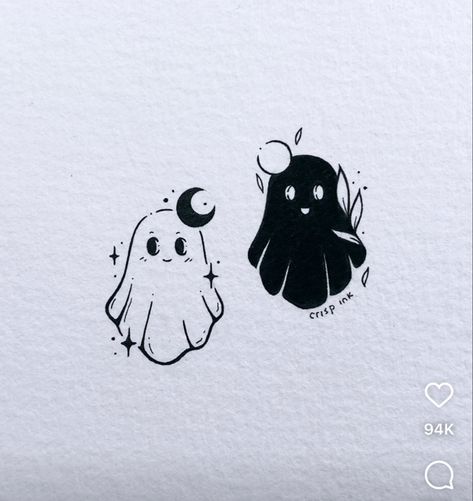 Cute Ghost Couple Drawing, Ghost Tattoo Matching, Matching Goth Tattoos, Werewolf Tattoos, Vampire Tattoos, Tattoos Horror, Witch Tattoos, Werewolf Tattoo, Tattoos Abstract