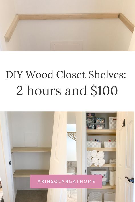 Easy Wood Closet Shelves, Wooden Shelves Bathroom Closet, How To Redo A Linen Closet, Diy Floating Shelves Closet, Diy Floating Closet Shelves, Diy Hallway Closet Shelves, Diy Linen Closet Makeover, Diy Small Linen Closet, Open Closet Shelves