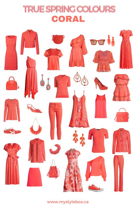 True Spring Wardrobe, Spring Warm Outfits, True Spring Capsule Wardrobe, True Spring Hair, True Spring Color Palette Outfits, True Spring Outfits, Clear Spring Palette, Coral Outfits, True Spring Palette