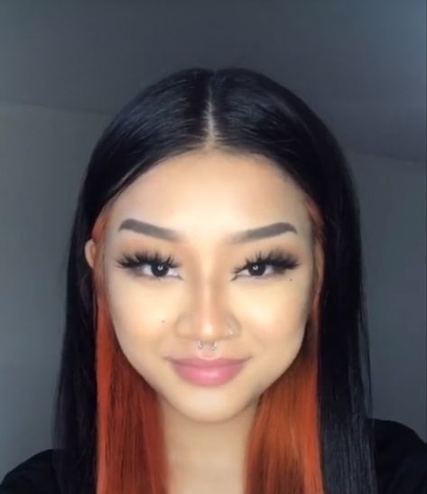 Front Half Hair Dye, Black Hair With Ginger Underneath, Two Front Strands Of Hair Dyed Red, Ginger Peak A Boo Hair, Red Strands In Brown Hair, Two Front Strands Of Hair Dyed, Dyed Hair Front Strands Only, Front Piece Hair Dye, Front Strands Of Hair Dyed