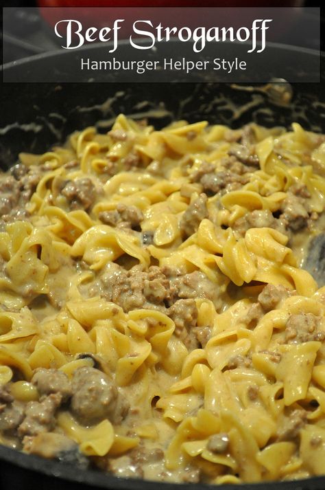 This is my go to recipe. Family loves it! Stroganoff - Hamburger Helper Style I substituted with turkey & used bow tie pasta. It turned out delicious. I have also used egg noodles too. Hamburger Helper Recipes, Beef Stroganoff Easy, Ground Beef Stroganoff, Homemade Hamburgers, Hamburger Helper, Fettuccine Alfredo, Good Eat, Beef Stroganoff, Goulash