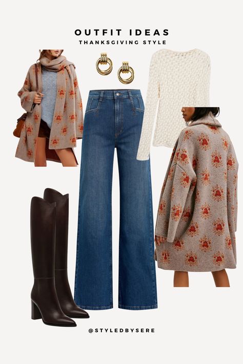 Enjoy the holiday in comfort and style with our relaxed western style outfit. Medium wash jeans with western piping bring character to your denim. Tuck a peek-a-boo top into it and layer over an on-trend wrap cardigan in the perfect holiday hues. Western-style boots hug your feet and give you some height. Step up the typical hoop for earrings with some more character (or double your hoops if you can). You'll be effortlessly chic at your gatherings. Western Boots Outfit Fall, Texan Boots, Boots Outfit Fall, Thanksgiving Style, Western Boots Outfit, Fall Boots Outfit, Thanksgiving Fashion, Western Style Boots, Western Style Outfits