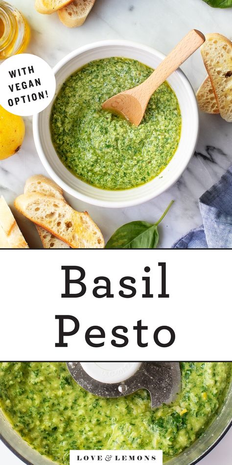 The BEST basil pesto recipe! With just 7 ingredients, this fresh, delicious pesto is the easiest summer kitchen essential. Toss it with pasta, slather it onto sandwiches, use it as a salad dressing - the options are endless! Recipe variations included. | Love and Lemons #pesto #sauce #easyrecipe #basil Easy Pesto Sauce, Fresh Basil Pesto, Basil Pesto Recipe, Basil Pesto Recipes, Homemade Pesto, Pesto Recipe, Pesto Sauce, Basil Pesto, Grilled Vegetables