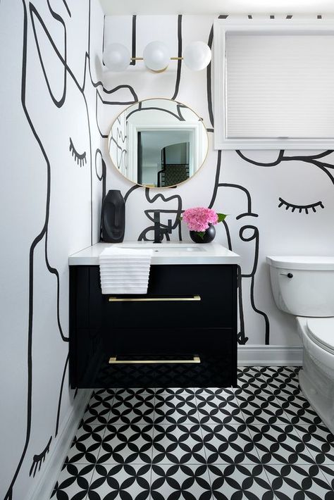 Paris Apartment Bathroom, Black Powder Room, Monochrome Living, Modern Powder Rooms, Black Ceramic Vase, Monochrome Bathroom, Powder Bathroom, Powder Room Decor, Powder Room Design