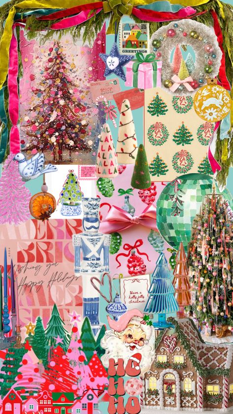 Colorful Christmas inspiration #homedecor #vintage #beauty #vibes #wallpaper #christmas #inspo #inspiration #christmasaesthetic #aesthetic #art #xmas #colorful #pink #green #pastel #eclectic Colorful Christmas Aesthetic Wallpaper, New Year Collage Wallpaper, Retro Christmas Aesthetic Wallpaper, Christmas Collage Wallpaper Iphone, Bright Christmas Wallpaper, Vintage Eclectic Christmas, Vintage Christmas Wallpaper Iphone, Vintage Colorful Christmas, Colorful Christmas Aesthetic