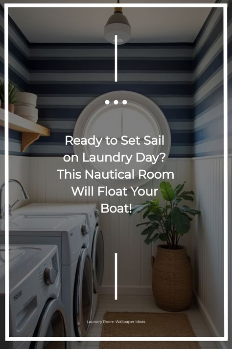 Nautical laundry room featuring blue and white striped wallpaper and rattan accents Wallpaper Laundry Room, Wallpaper Laundry, Beach House Getaway, Nautical Room, Statement Wallpaper, Laundry Room Wallpaper, Laundry Routine, Float Your Boat, Beach House Style