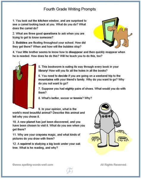 These fun new 4th grade writing prompts are certain to spark interesting responses from your fourth graders! Whether they're writing about exploring a new planet, a studious squirrel or some mysterious bubbles, your fourth graders will be thinking, spelling and writing. Prompts are aligned with our fourth grade spelling word list. Writing Prompts For 5th Grade, Fun Writing Prompts For 3rd Grade, Writing Prompts For Fourth Grade, Summer Writing Prompts 2nd Grade, Summer Writing Prompts For First Grade, Paragraph Writing Worksheets, 4th Grade Writing Prompts, Elementary Writing Prompts, Writing Prompts Poetry