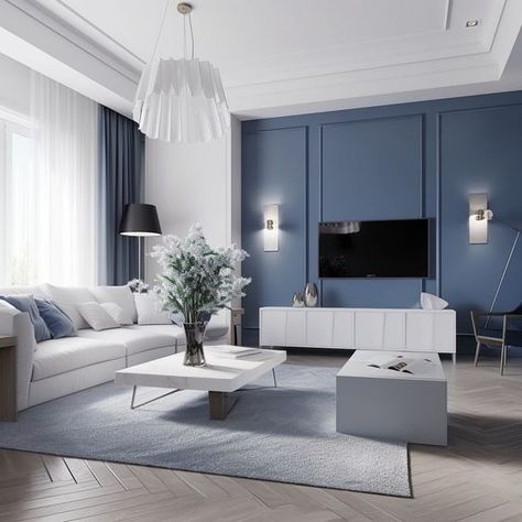 Blue Living Room Design 2024: Elevate with Navy, Gray, and Royal Paint Wall Elegance Room Painting Bedroom, Small Condo Decorating, Blue Sofa Living, Blue Walls Living Room, Interior Design Portfolio Layout, Living Room Transformation, Building House Plans Designs, Paint Wall, White Minimalist