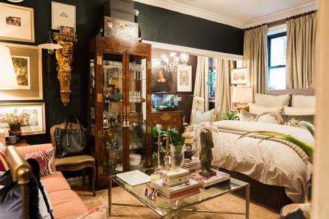 House Tour A Tiny Maximalist Chicago Studio Apartment | Apartment Therapy Maximalist Apartment, Apartment Therapy Small Spaces, Tiny Studio Apartments, Velvet Lounge Chair, Barcelona Apartment, Maximalist Style, Tiny Studio, Studio Apartments, Studio Apartment Decorating