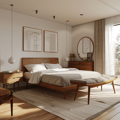 mid-century modern bedroom3 Mid Century Modern Transitional Bedroom, Modern Wood Bedroom Furniture, Modern With Vintage Decor, Mid Century Modern Attic Bedroom, Bedroom Ideas Contemporary Modern, Dark Wood Bedframes, Mid Century Room Ideas, Small Bedroom Ideas Mid Century Modern, Interior Design Inspo Bedroom