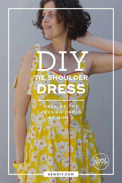 Get all the details on the sewing adjustments and details of this tie-strap summer dress. Simple Dress Diy, Diy Dress Pattern, Summer Dresses Tutorial, Dress Hack, Summer Sewing Patterns, Tie Shoulder Dress, Mimi G, Dress Tutorial, Diy Tie