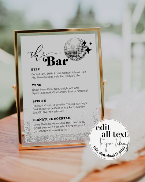 Menu Signs, Disco Bar, 70s Wedding, Bar Menu Sign, Cocktail Sign, Disco Birthday Party, Signature Cocktail Sign, Disco Theme, Menu Sign