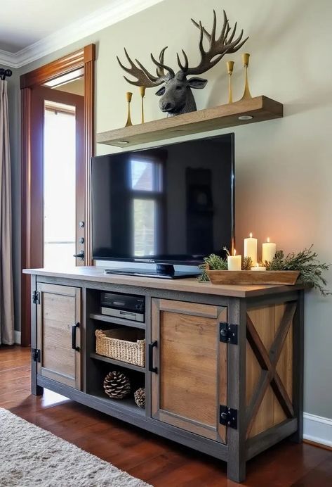 21 Trendy TV Stand Christmas Decor Ideas To Inspire You 24 Rustic Tv Stand Decor Ideas, Rustic Tv Stand Decor, Farmhouse Tv Stand Decor Ideas, Rustic Tv Wall Ideas, Diy Farmhouse Tv Stand, Tv Stands Ideas For Living Room, Rustic Tv Wall, Tv Stand Christmas Decor Ideas, Tv Stand Christmas