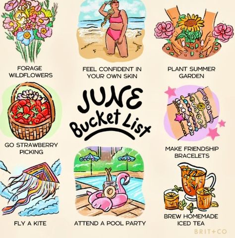 June Bucket List, Homemade Iced Tea, Fly A Kite, Monthly Activities, Happy June, Hello June, Make Friendship Bracelets, Strawberry Picking, Bonding Activities