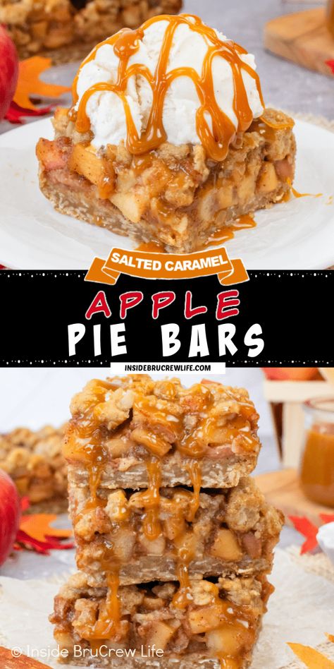 These Salted Caramel Apple Pie Bars are made with an oat crust and topping plus a homemade caramel apple pie filling. They are easy to make and taste amazing. Great way to make pie for the holidays. Caramel Apple Pie Bars, Apple Pie Bars Recipe, Pie Bars Recipe, Caramel Apple Bars, Salted Caramel Apple Pie, Caramel Apples Homemade, Baked Apple Recipes, Caramel Apples Easy, Apple Pie Bars