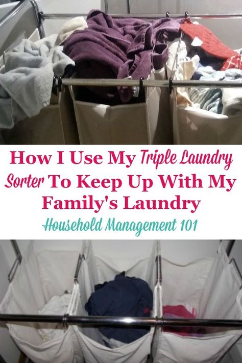 Here is how I use my triple laundry sorter to keep up with my family's laundry, and how you can do the same {on Household Management 101} #LaundrySorter #LaundryTips #LaundryRoutine Declutter 365, House Cleaning Hacks, Organized Spaces, Laundry Sorter, Homemade Cleaners, Laundry Tips, Household Management, Cleaner Recipes, Deep Cleaning Tips