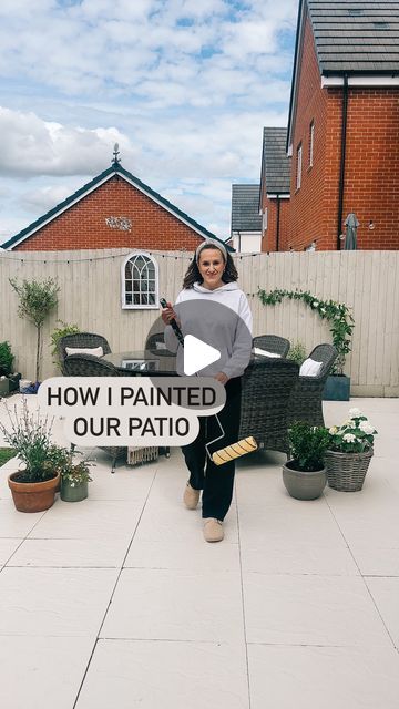 Kayla Reynolds on Instagram: "Here’s the step by step of how I painted our patio slabs!   This is a temporary solution until I get my dream patio one day 🤞🏼 but for now this will have to do and, despite being initially unsure and the change taking some getting used to, I actually really like it!   Shame we’ve shot straight to November so I can’t sit outside right now, will we EVER see any sun?!   Don’t forget to save for future reference if you’re thinking of painting your patio 🙌🏼  #paintedpatio #paintedslabs #patiopainting #masonrypaint #budgetgardenmakeover #budgetgardening" Painted Slabs Patio, Painted Patio Slabs Outdoor Spaces, Painted Paving Slabs Patio, Concrete Patio Paint Ideas, Patio Painted Concrete, Patio Paint Ideas, Patio Paint, Paint Concrete Patio, Patio Slabs