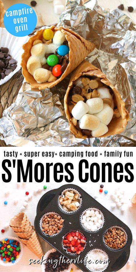 Smores Campfire Cones, S’mores Campfire Cones, Waffle Cone S’mores, Cone Smores Campfire, S’more Waffle Cones, S’more Cones, S’mores In A Cone, Foil Packet Desserts Camping, Campfire Foil Desserts