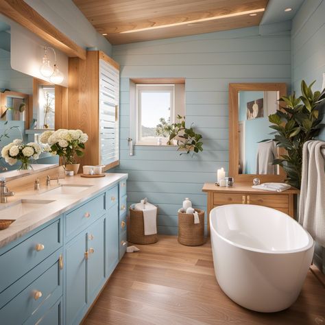 Coastal Bathroom Ideas, Bathroom Coastal, Small Half Bathroom, Light Blue Bathroom, Coastal Bathroom Design, Coastal Bathroom Decor, Cream Bathroom, Beach House Bathroom, Coastal Bathroom