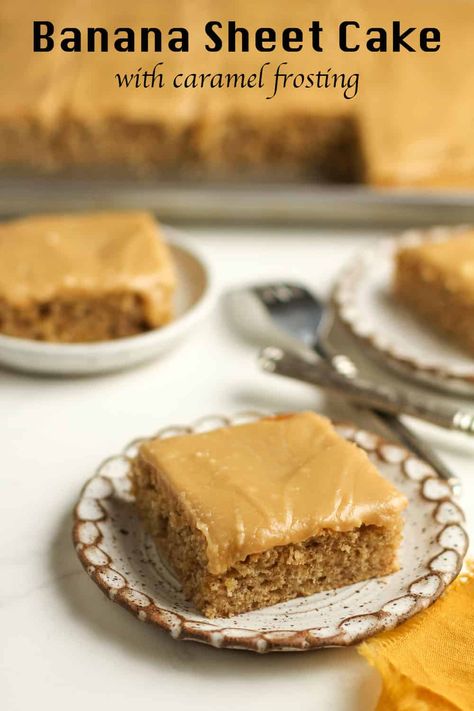 Banana Sheet Cake, Banana Sheet Cakes, Butter Glaze, Banana Cake Recipe, Caramel Frosting, Sheet Cake Recipes, Browned Butter, Favorite Dessert Recipes, Banana Recipes