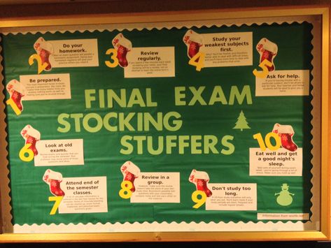 Final Exam Stocking Stuffers - educational bulletin board on final exam study tips for the month of December    *Idea and information from reslife.net December Bulletin Boards College, December Ra Boards, Exam Bulletin Board Ideas, Finals Bulletin Board Ra, Dorm Bulletin Boards, Res Life Bulletin Boards, Resident Assistant Bulletin Boards, Door Decorations College, December Bulletin Boards